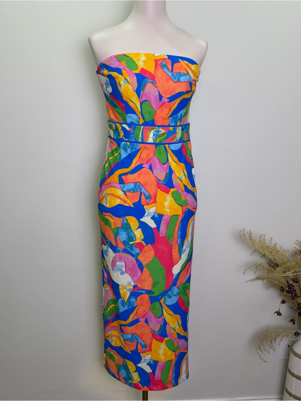 Flying Tomato Abstract Vibrant Floral Strapless Midi Dress Size M Bodycon Sheath